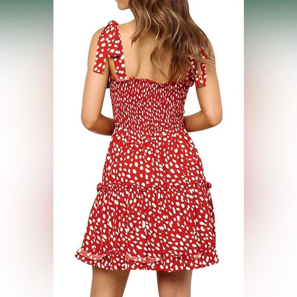Women's Mini Dress Strappy Backless Pleated Flare Ruffle Polka Dot Dress… - Picture 3 of 9